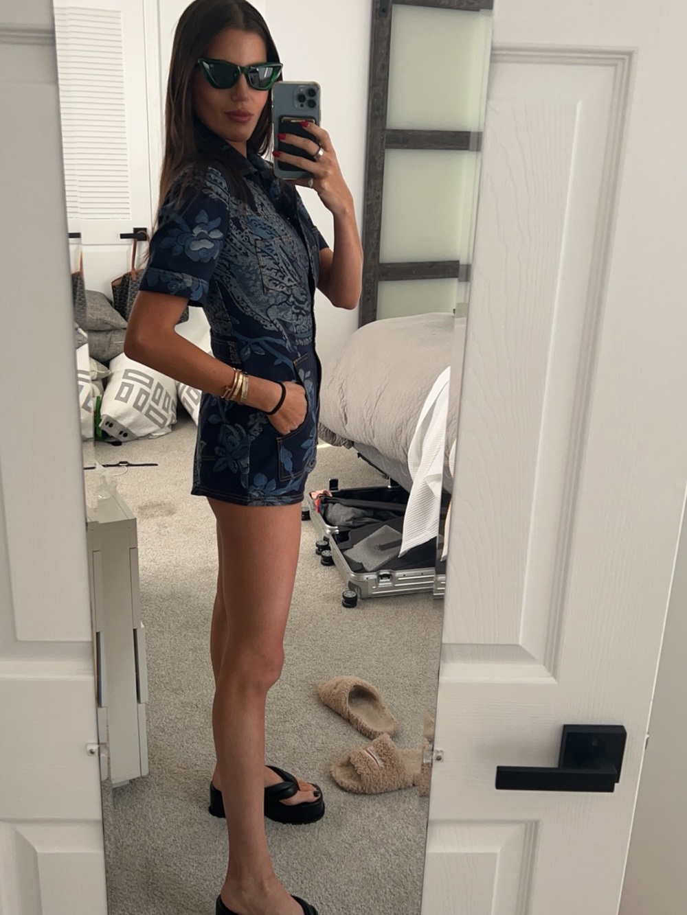 Etro Navy Blue Short-Sleeve Paisley Floral romper as